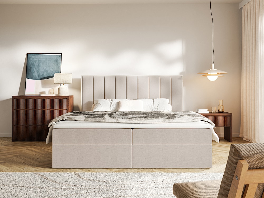 Łóżko kontynentalne 180x200 cm Togents z pojemnikami i topperem beżowe szenil hydrofobowy  - zdjęcie 3