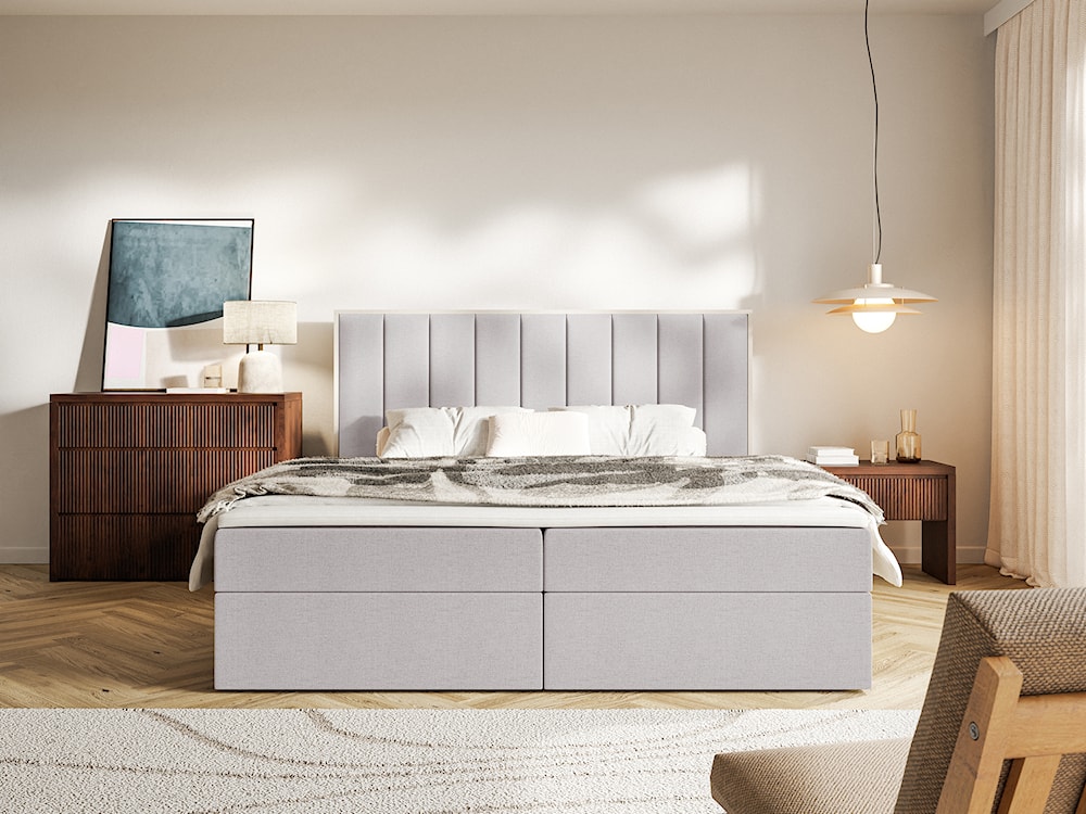 Łóżko kontynentalne 160x200 cm Togents z pojemnikami i topperem szare szenil hydrofobowy  - zdjęcie 3
