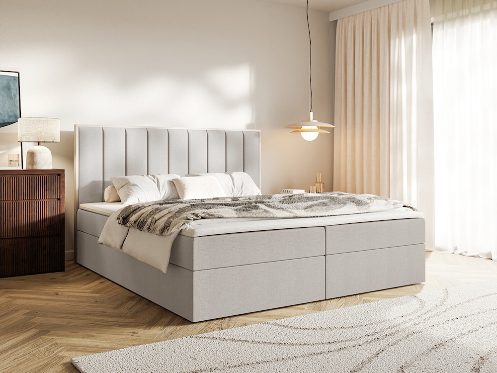 Łóżko kontynentalne 140x200 cm Togents z pojemnikami i topperem szarobeżowe szenil hydrofobowy  - zdjęcie 2