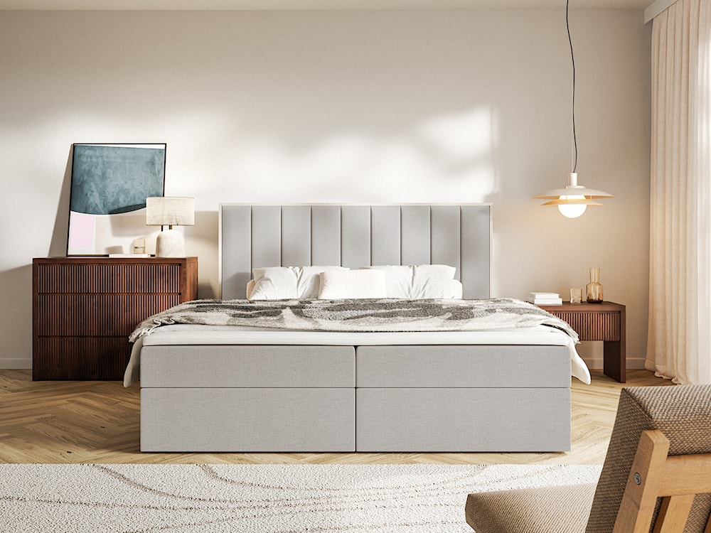 Łóżko kontynentalne 140x200 cm Togents z pojemnikami i topperem szarobeżowe szenil hydrofobowy  - zdjęcie 3