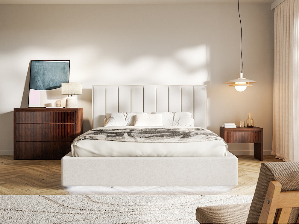 Łóżko tapicerowane 140x200 cm Togents z pojemnikiem i oświetleniem LED stelaż metalowy jasnobeżowe szenil hydrofobowy  - zdjęcie 3