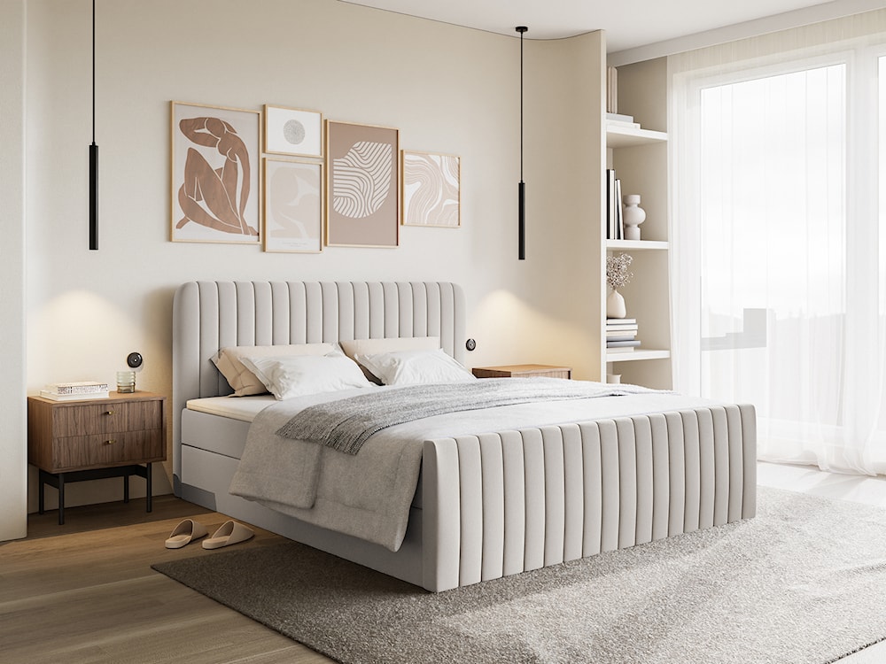 Łóżko kontynentalne 200x200 cm Saliano z pojemnikami i topperem jasnoszare szenil hydrofobowy  - zdjęcie 2