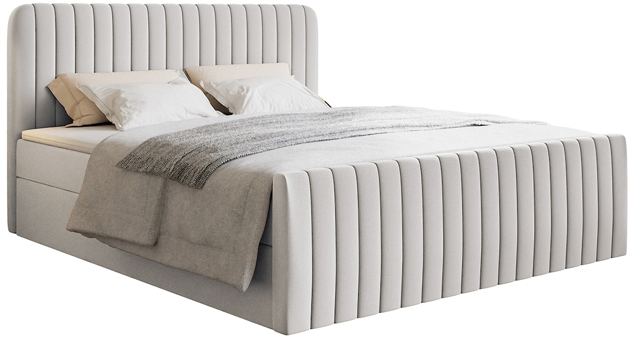 Łóżko kontynentalne 180x200 cm Saliano z pojemnikami i topperem jasnoszare szenil hydrofobowy