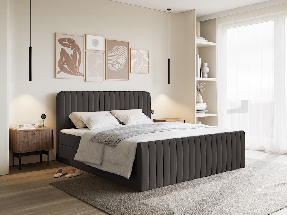 Łóżko kontynentalne 180x200 cm Saliano z pojemnikami i topperem grafitowe szenil hydrofobowy  - zdjęcie 2