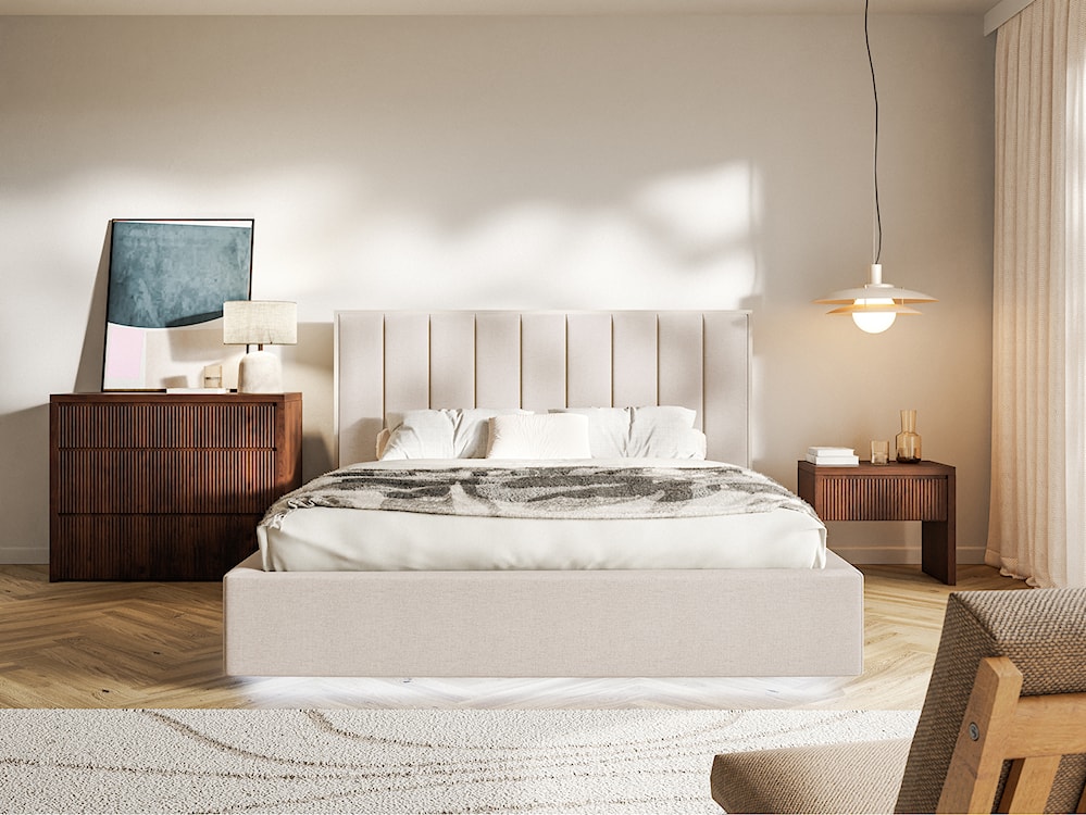 Łóżko tapicerowane 180x200 cm Togents z pojemnikiem i oświetleniem LED stelaż metalowy beżowe szenil hydrofobowy  - zdjęcie 3