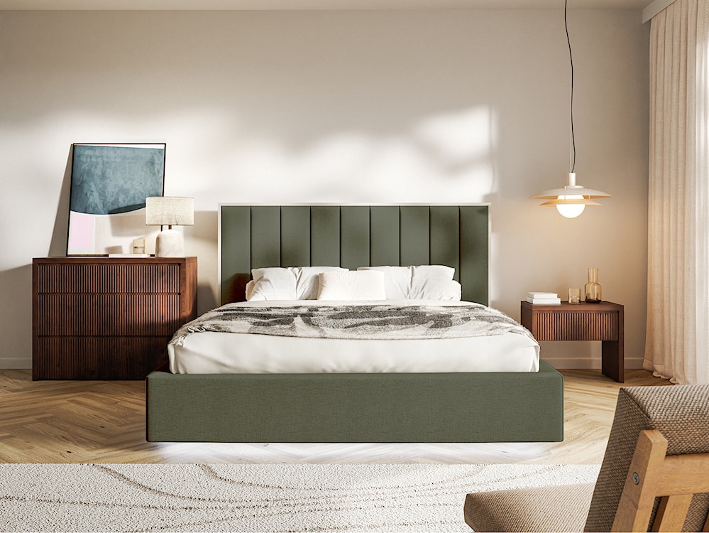Łóżko tapicerowane 180x200 cm Togents z pojemnikiem i oświetleniem LED stelaż metalowy ciemnozielone szenil hydrofobowy  - zdjęcie 3