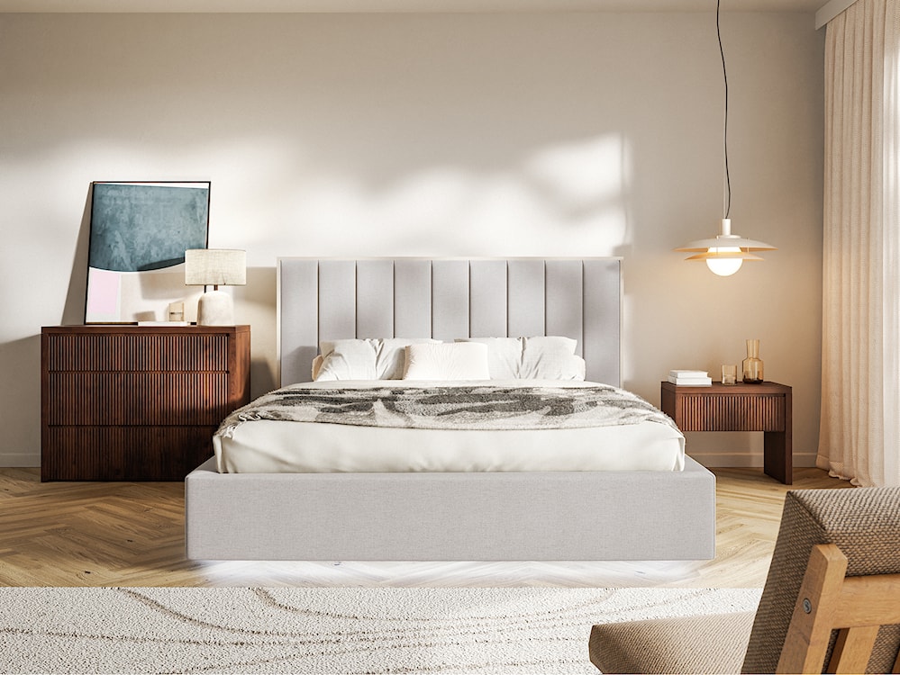 Łóżko tapicerowane 140x200 cm Togents z pojemnikiem i oświetleniem LED stelaż metalowy szarobeżowe szenil hydrofobowy  - zdjęcie 3