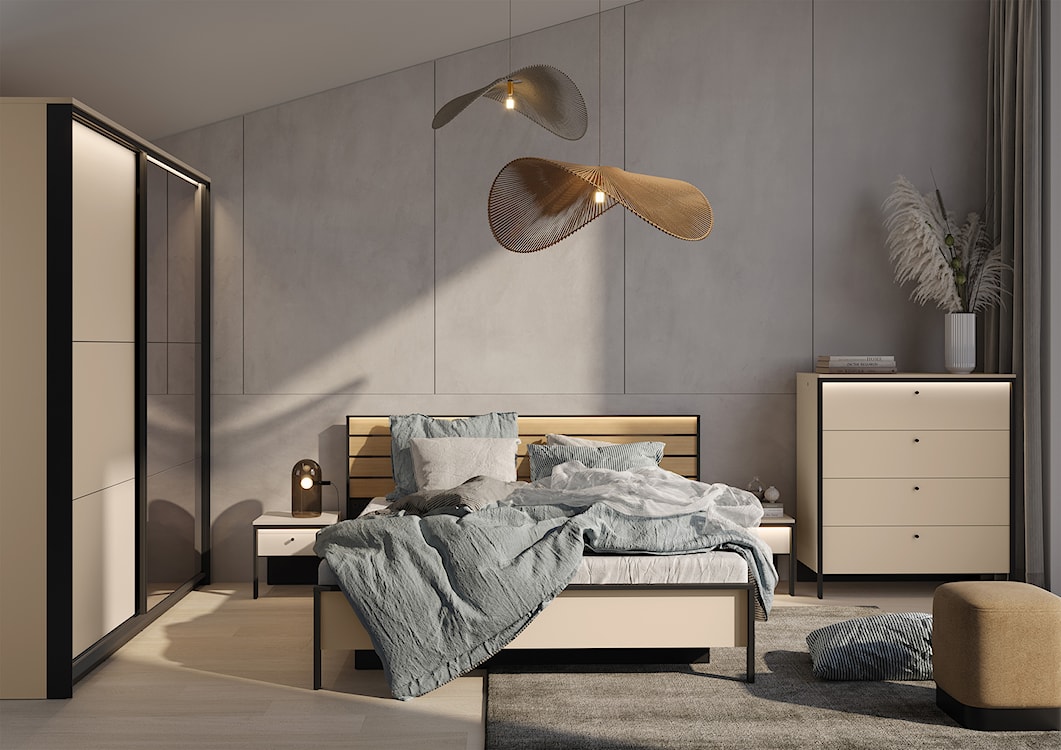 Komoda Enna z czterema szufladami i oświetleniem LED 101 cm beż piaskowy/czarna  - zdjęcie 5