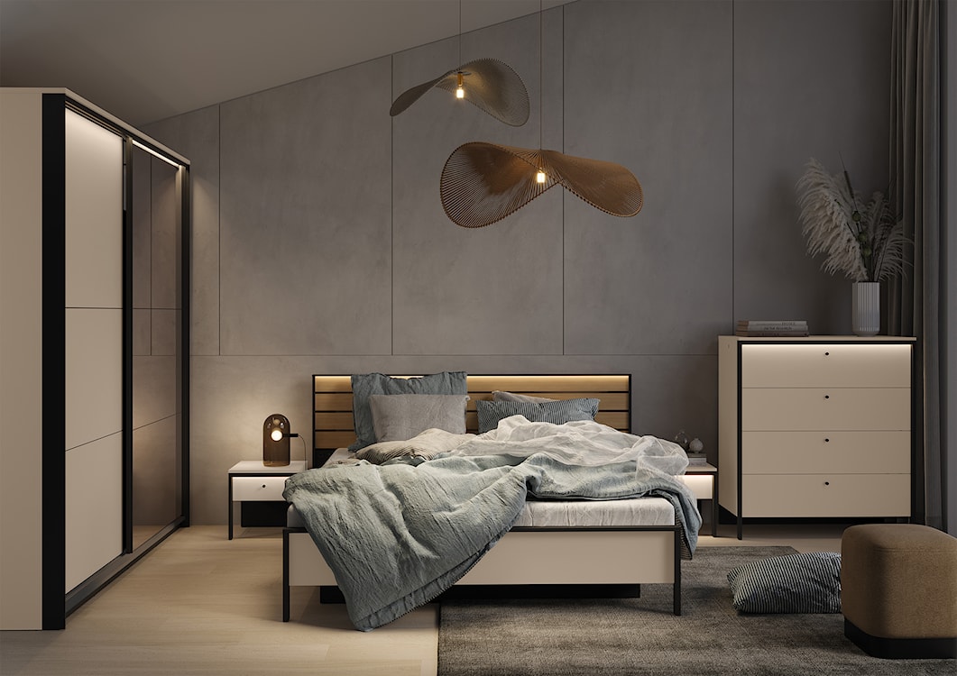 Komoda Enna z czterema szufladami i oświetleniem LED 101 cm beż piaskowy/czarna  - zdjęcie 6