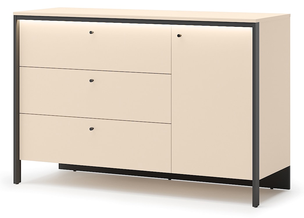 Komoda jednodrzwiowa Enna z trzema szufladami i oświetleniem LED 136 cm beż piaskowy/czarna  - zdjęcie 4