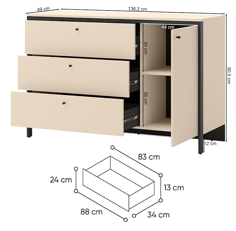 Komoda jednodrzwiowa Enna z trzema szufladami i oświetleniem LED 136 cm beż piaskowy/czarna  - zdjęcie 7