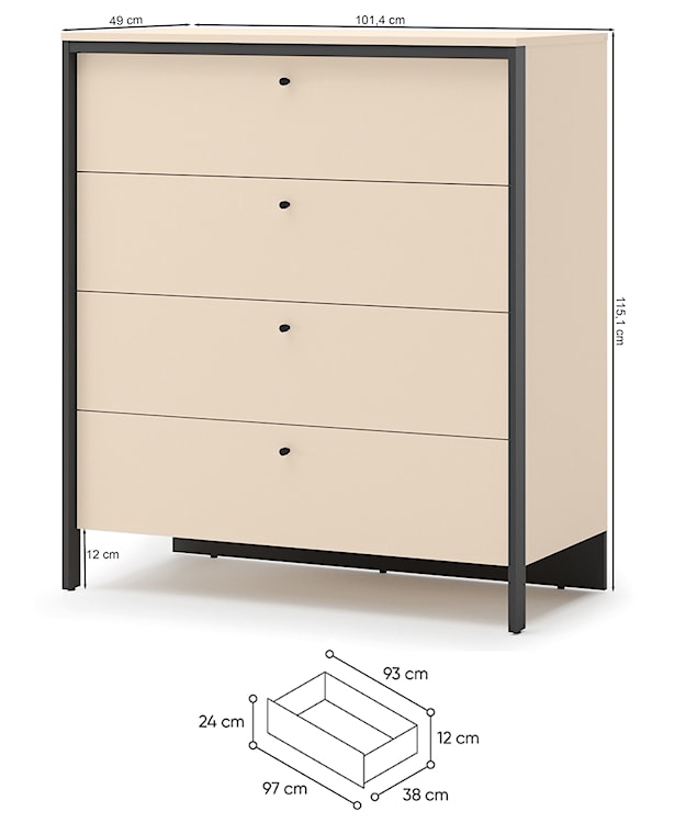 Komoda Enna z czterema szufladami i oświetleniem LED 101 cm beż piaskowy/czarna  - zdjęcie 12