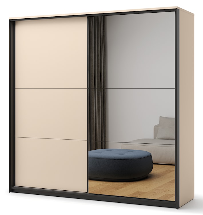 Szafa dwudrzwiowa Enna przesuwna z lustrem na froncie i oświetleniem LED 220 cm beż piaskowy/czarna
