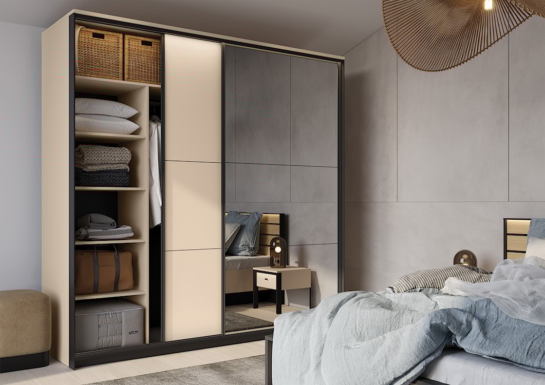 Szafa dwudrzwiowa Enna przesuwna z lustrem na froncie i oświetleniem LED 220 cm beż piaskowy/czarna  - zdjęcie 4