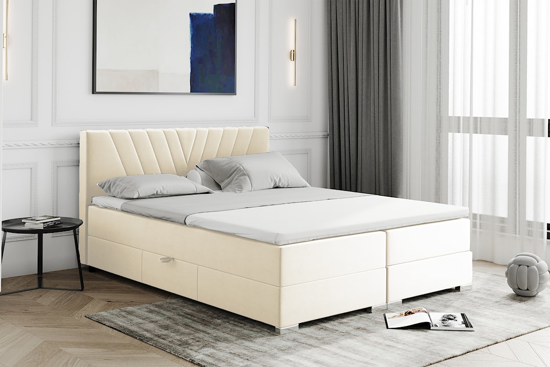 Łóżko kontynentalne 180x200 cm Caldana z pojemnikami i topperem jasnobeżowe  - zdjęcie 2