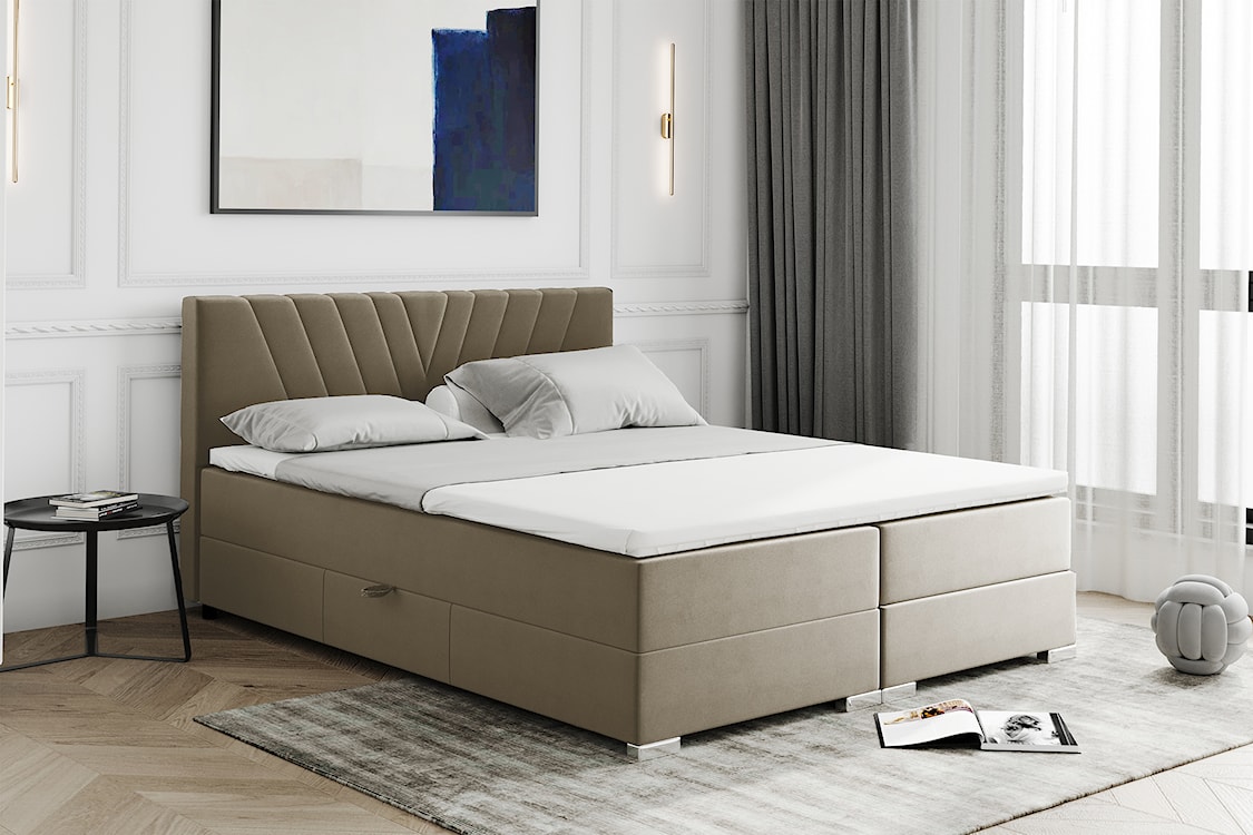 Łóżko kontynentalne 180x200 cm Caldana z pojemnikami i topperem szarobeżowe  - zdjęcie 2