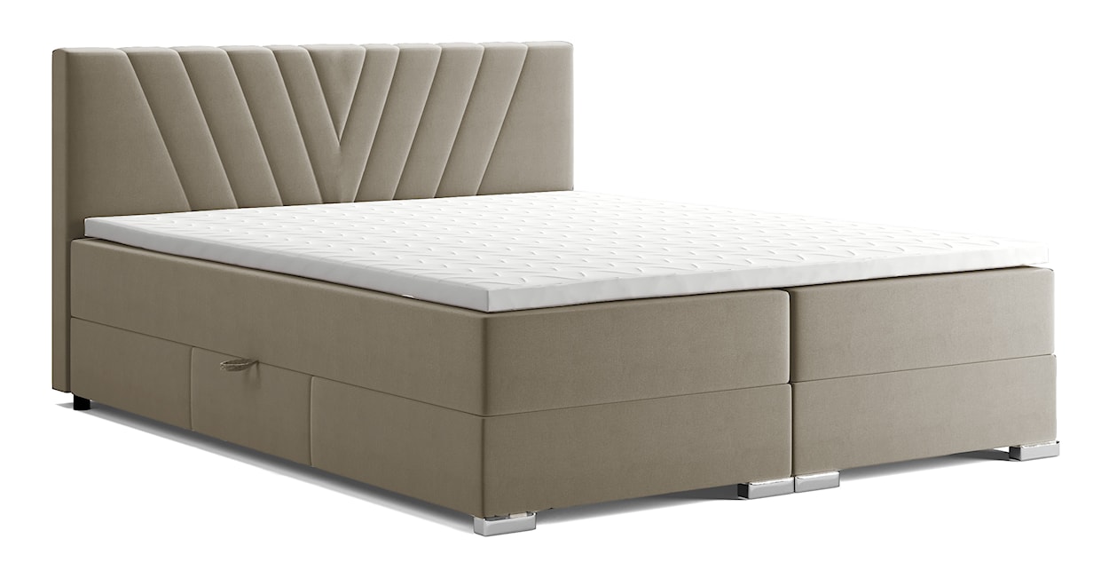 Łóżko kontynentalne 160x200 cm Caldana z pojemnikami i topperem szarobeżowe 