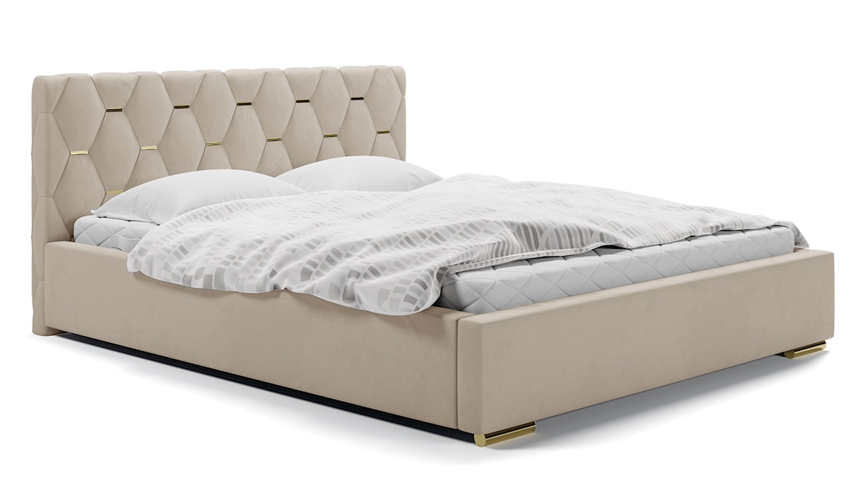 Łóżko tapicerowane 140x200 cm Castonello z pojemnikiem jasnobeżowe velvet hydrofobowe 
