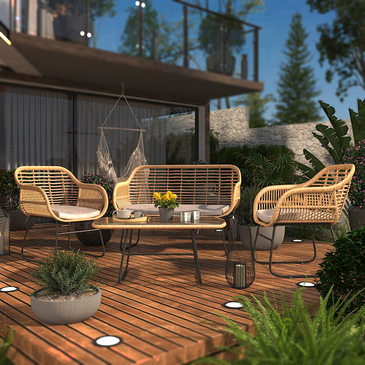 Zestaw mebli ogrodowych Sytly sofa z dwoma fotelami i stolikiem pleciony ze szklanym blatem naturalny/czarny  - zdjęcie 2