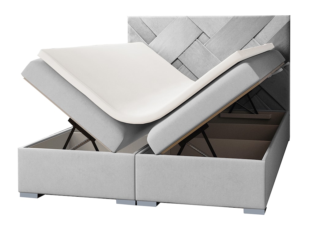 Łóżko kontynentalne 180x200 cm Lestrangie z pojemnikami i topperem jasnoszare welur hydrofobowy 