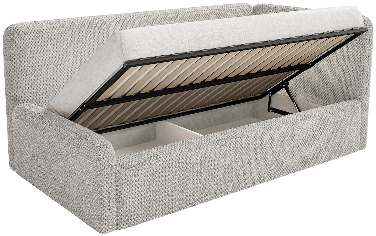 Łóżko młodzieżowe 120x200 cm Fanklo prawostronne z materacem pojemnikiem i barierkami szarobeżowe plusz hydrofobowy  - zdjęcie 3