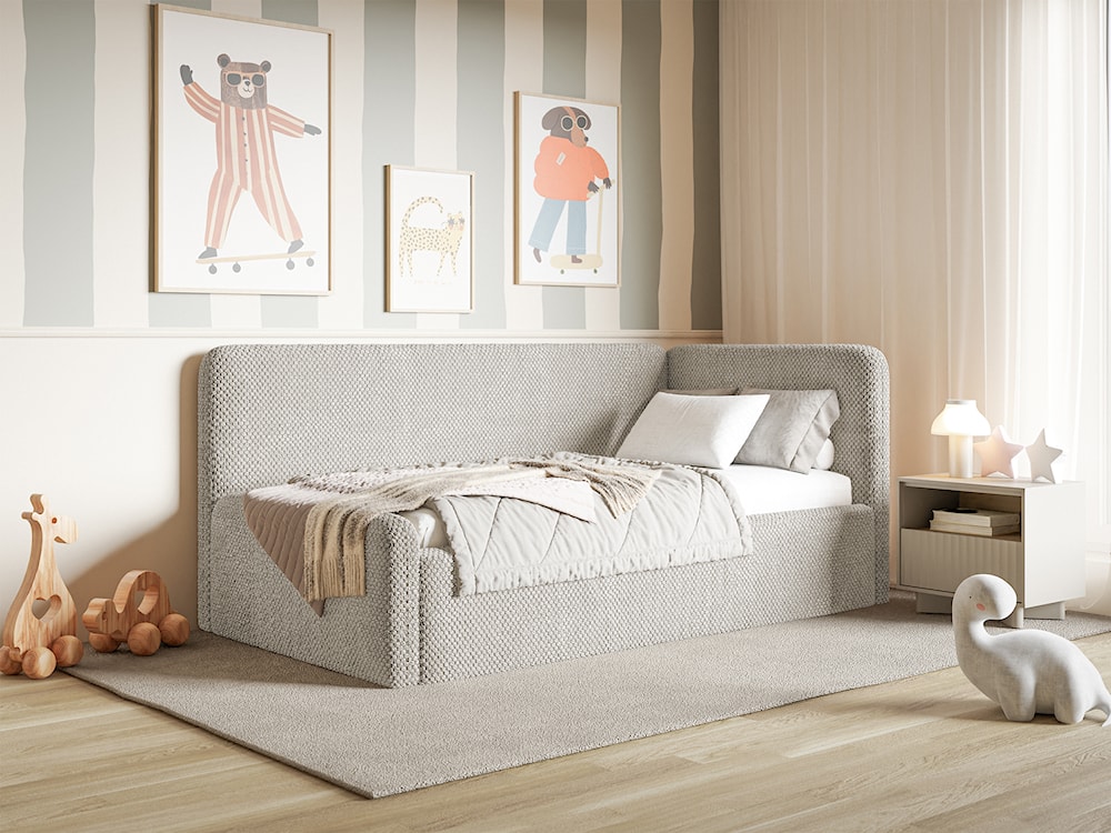 Łóżko młodzieżowe 120x200 cm Fanklo prawostronne z materacem pojemnikiem i barierkami szarobeżowe plusz hydrofobowy  - zdjęcie 8
