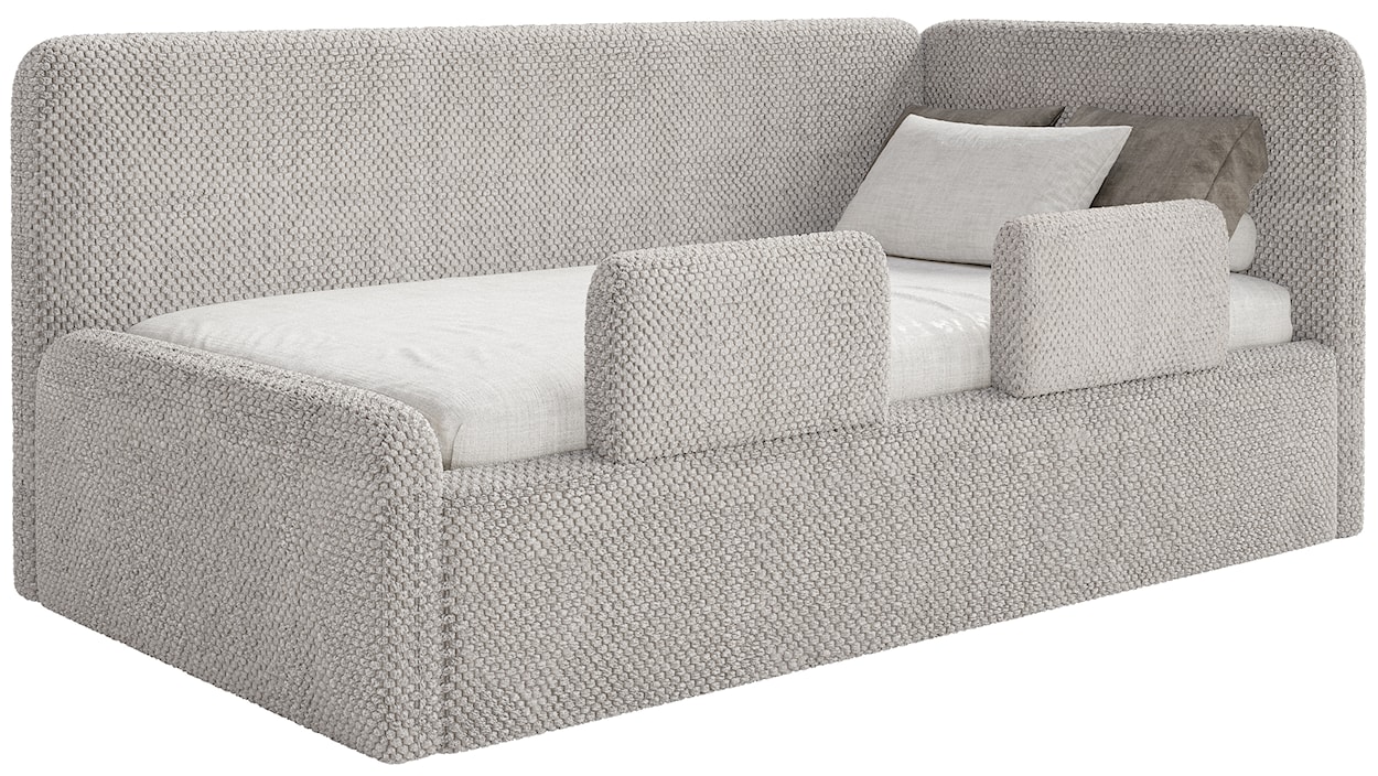 Łóżko młodzieżowe 120x200 cm Fanklo prawostronne z materacem pojemnikiem i barierkami szarobeżowe plusz hydrofobowy 