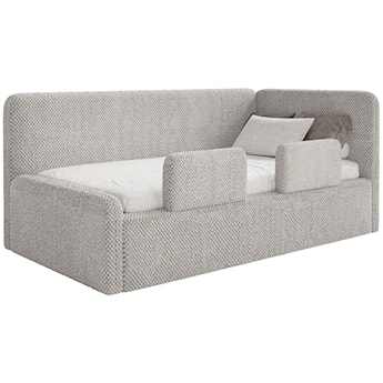 Łóżko młodzieżowe 120x200 cm Fanklo prawostronne z materacem pojemnikiem i barierkami szarobeżowe plusz hydrofobowy