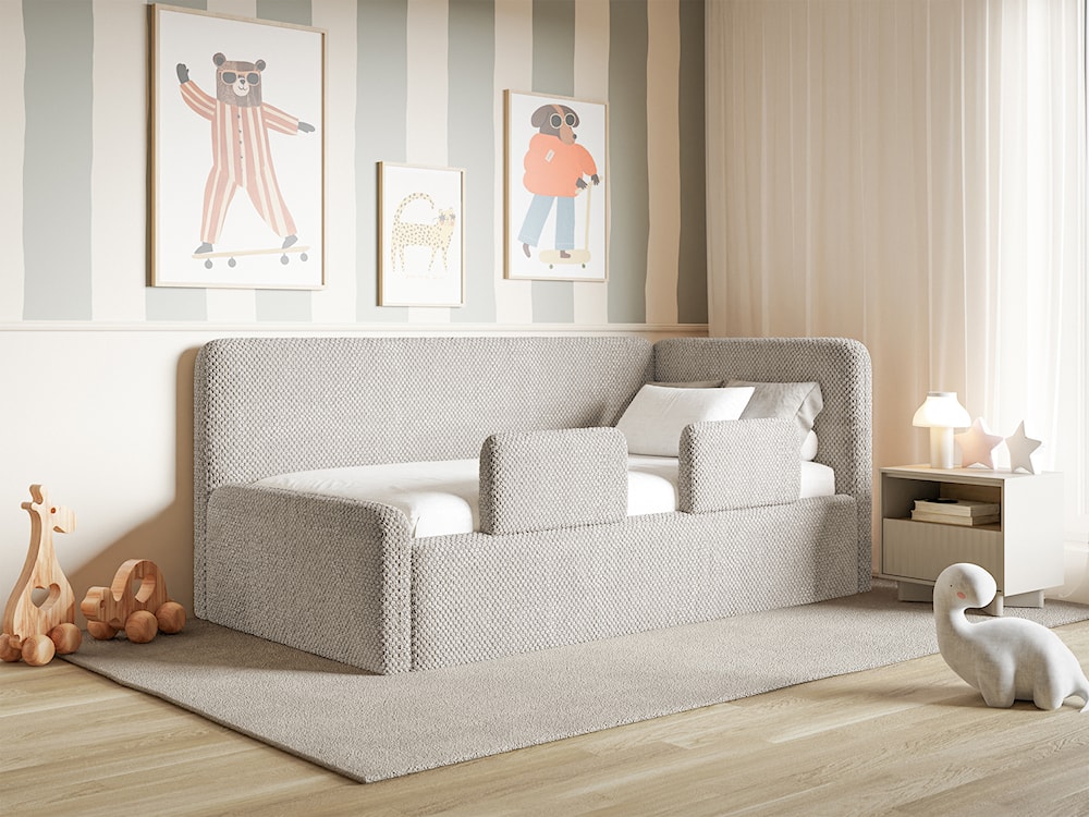 Łóżko młodzieżowe 120x200 cm Fanklo prawostronne z materacem pojemnikiem i barierkami szarobeżowe plusz hydrofobowy  - zdjęcie 2