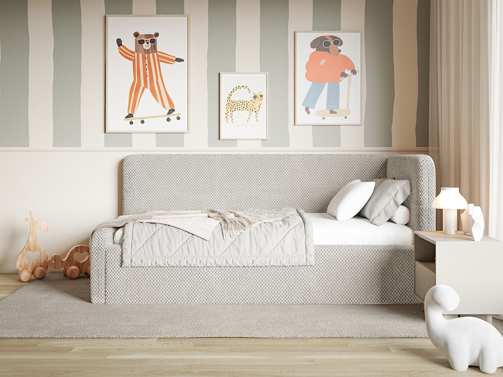 Łóżko młodzieżowe 120x200 cm Fanklo prawostronne z materacem pojemnikiem i barierkami szarobeżowe plusz hydrofobowy  - zdjęcie 9
