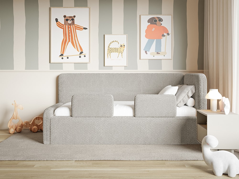 Łóżko młodzieżowe 120x200 cm Fanklo prawostronne z materacem pojemnikiem i barierkami szarobeżowe plusz hydrofobowy  - zdjęcie 7