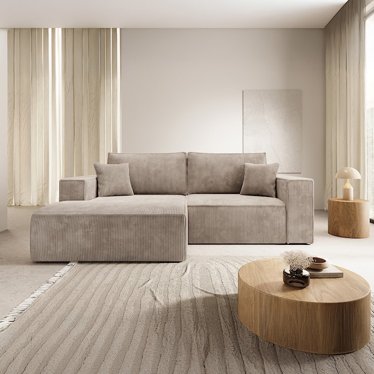 Narożnik z funkcją spania Farese mini L-kształtny lewostronny z pojemnikiem beżowy sztruks  - zdjęcie 2