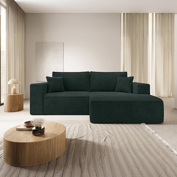 Narożnik z funkcją spania Farese mini L-kształtny prawostronny z pojemnikiem ciemnozielony sztruks  - zdjęcie 2