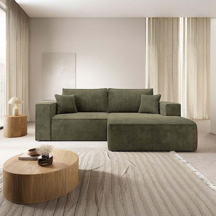 Narożnik z funkcją spania Farese mini L-kształtny prawostronny z pojemnikiem oliwkowy sztruks  - zdjęcie 2