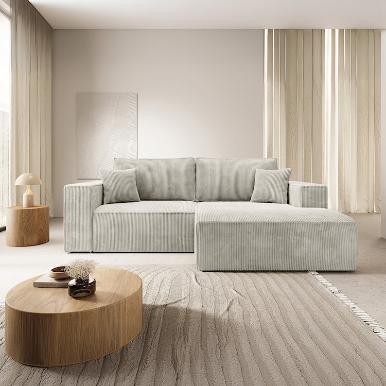 Narożnik z funkcją spania Farese mini L-kształtny prawostronny z pojemnikiem szarobeżowy sztruks  - zdjęcie 2