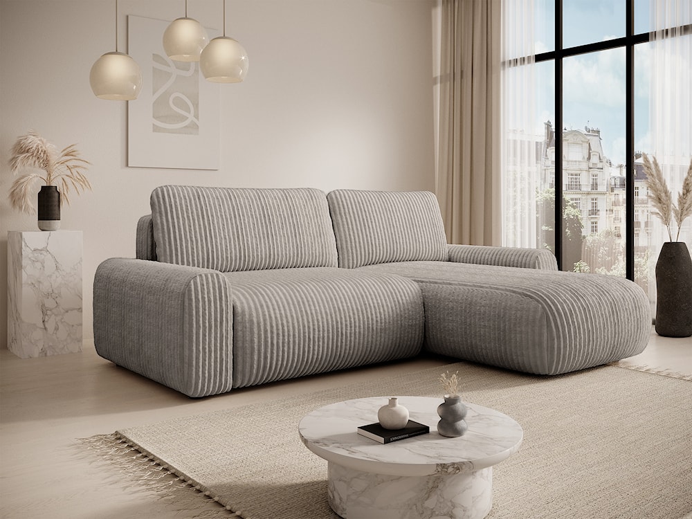 Narożnik z funkcją spania Lelu L-kształtny uniwersalny z pojemnikiem szarobeżowy sztruks  - zdjęcie 2