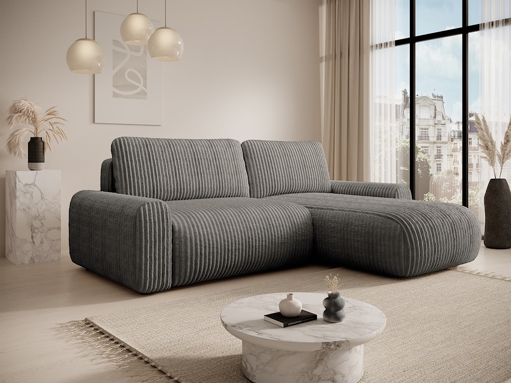 Narożnik z funkcją spania Lelu L-kształtny uniwersalny z pojemnikiem ciemnobeżowy sztruks  - zdjęcie 2