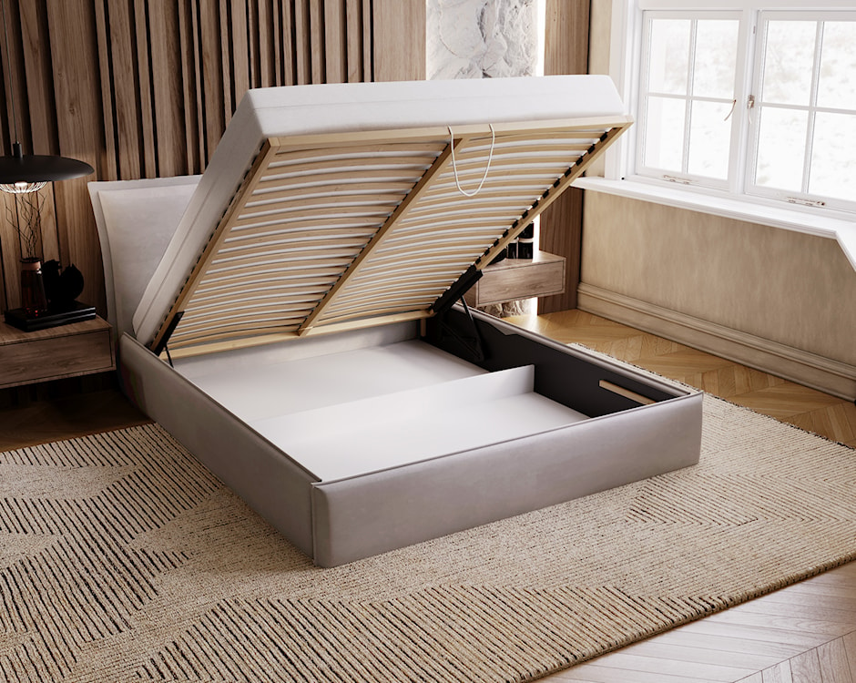 Łóżko tapicerowane Fianko 180x200 cm z pojemnikiem szarobeżowe welur hydrofobowy  - zdjęcie 4