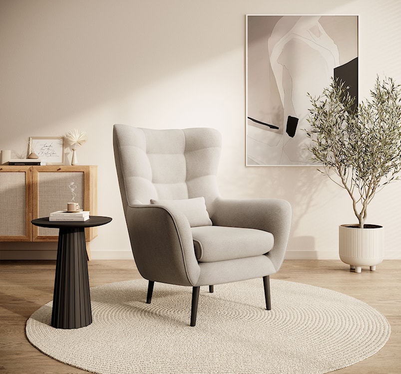 Fotel wypoczynkowy uszak Vence jasnobeżowy w tkaninie łatwoczyszczącej welur nóżki czarne  - zdjęcie 3