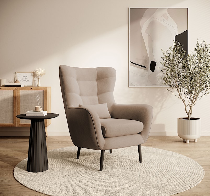 Fotel wypoczynkowy uszak Vence beżowy w tkaninie łatwoczyszczącej welur nogi czarne  - zdjęcie 3