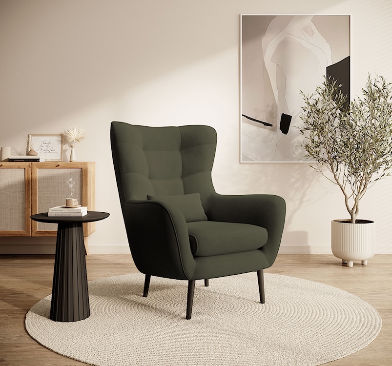 Fotel wypoczynkowy uszak Vence oliwkowy w tkaninie łatwoczyszczącej welur nóżki czarne  - zdjęcie 3