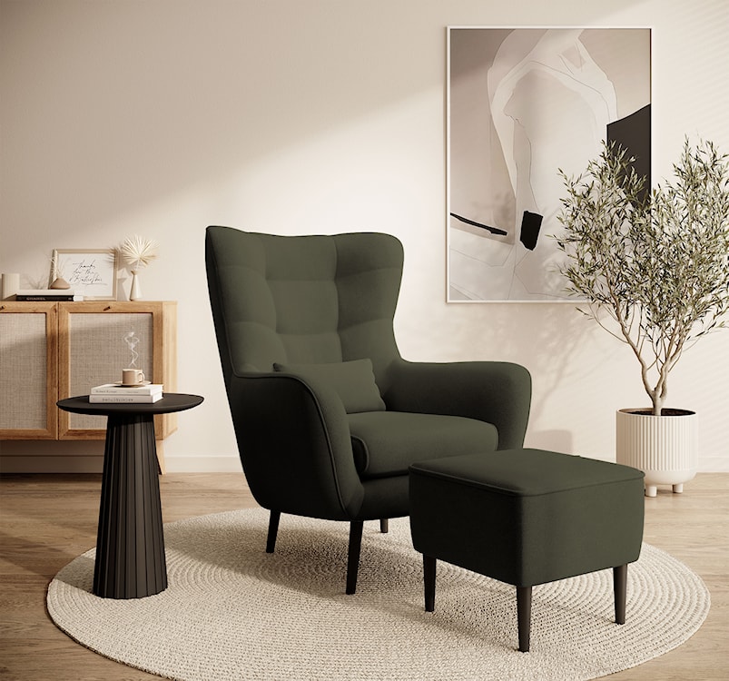Fotel wypoczynkowy z podnóżkiem uszak Vence oliwkowy w tkaninie łatwoczyszczącej welur nóżki czarne  - zdjęcie 2