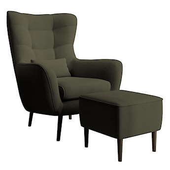 Fotel wypoczynkowy z podnóżkiem uszak Vence oliwkowy w tkaninie łatwoczyszczącej welur nóżki czarne