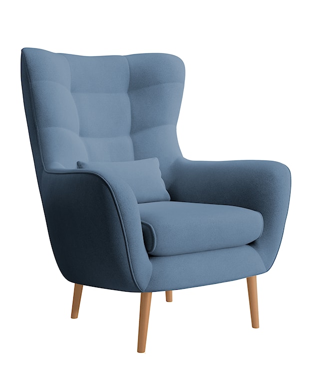 Fotel wypoczynkowy uszak Vence niebieski w tkaninie łatwoczyszczącej welur nóżki buk 