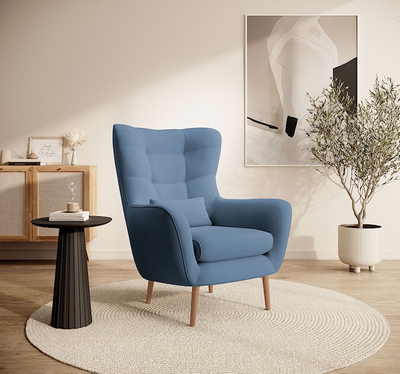 Fotel wypoczynkowy z podnóżkiem uszak Vence niebieski w tkaninie łatwoczyszczącej welur nóżki buk  - zdjęcie 3