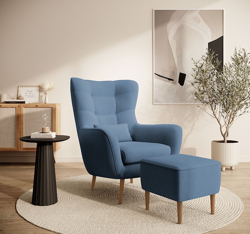 Fotel wypoczynkowy z podnóżkiem uszak Vence niebieski w tkaninie łatwoczyszczącej welur nóżki buk  - zdjęcie 2