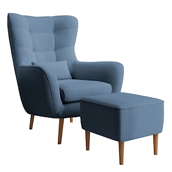 Fotel wypoczynkowy z podnóżkiem uszak Vence niebieski w tkaninie łatwoczyszczącej welur nóżki buk