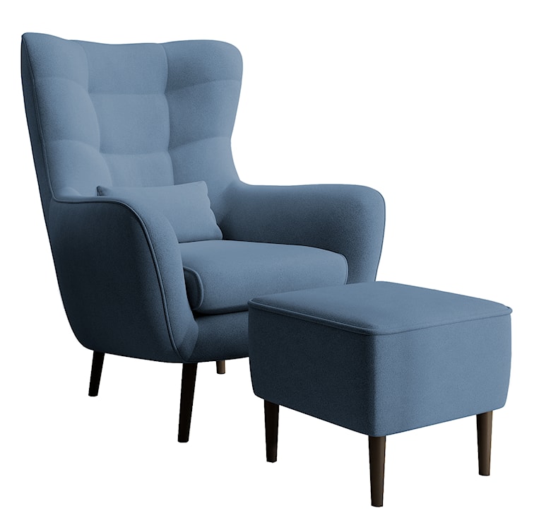 Fotel wypoczynkowy z podnóżkiem uszak Vence niebieski w tkaninie łatwoczyszczącej welur nóżki czarne 