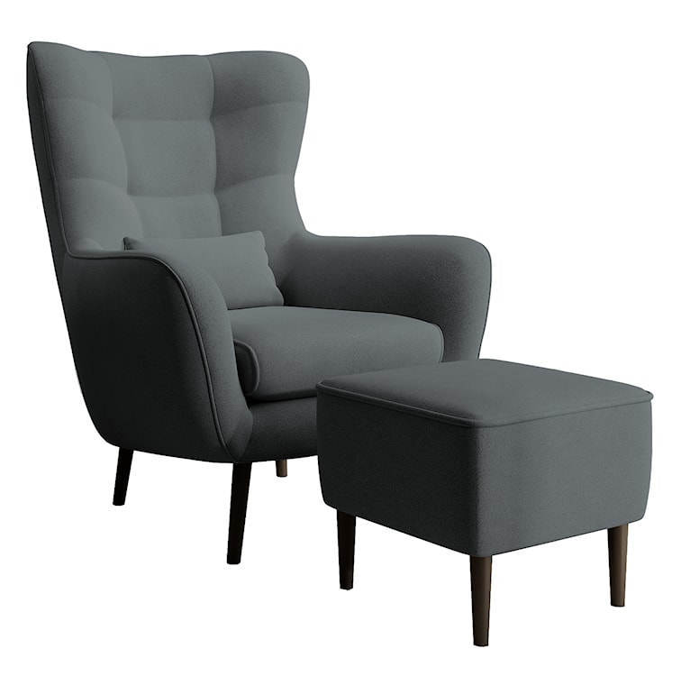 Fotel wypoczynkowy z podnóżkiem uszak Vence stalowy w tkaninie łatwoczyszczącej welur nóżki czarne 