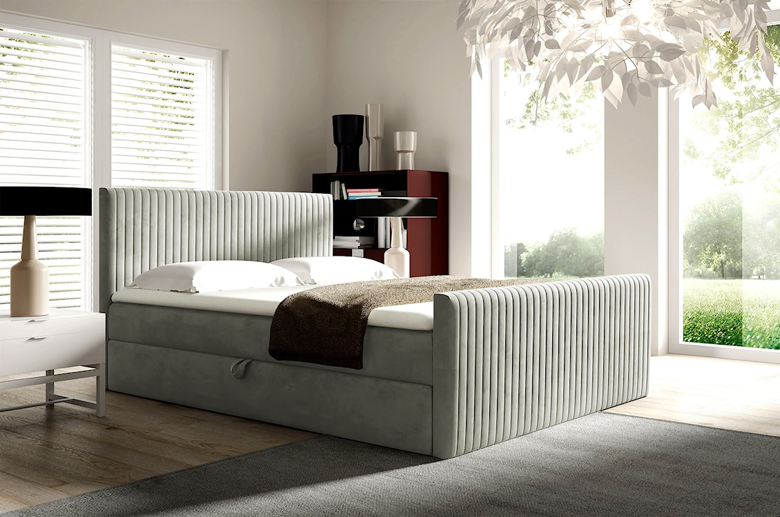 Łóżko kontynentalne 160x200 cm Manello z dwoma pojemnikami i topperem szarobeżowe welur  - zdjęcie 2